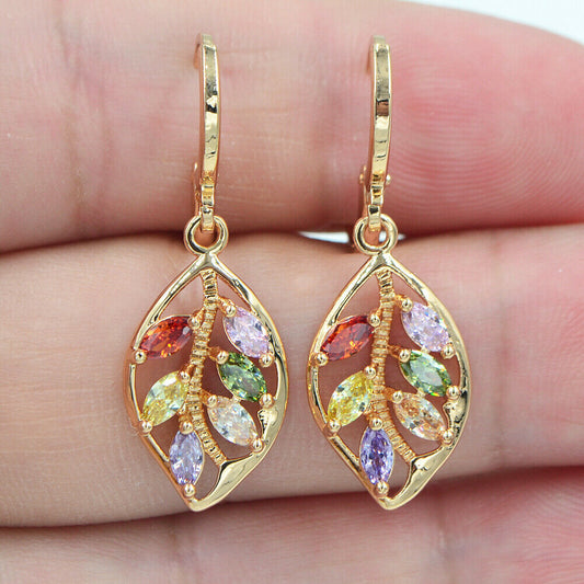 Boucles d'oreilles Vintage Feuille d'Or en Zircone colorée